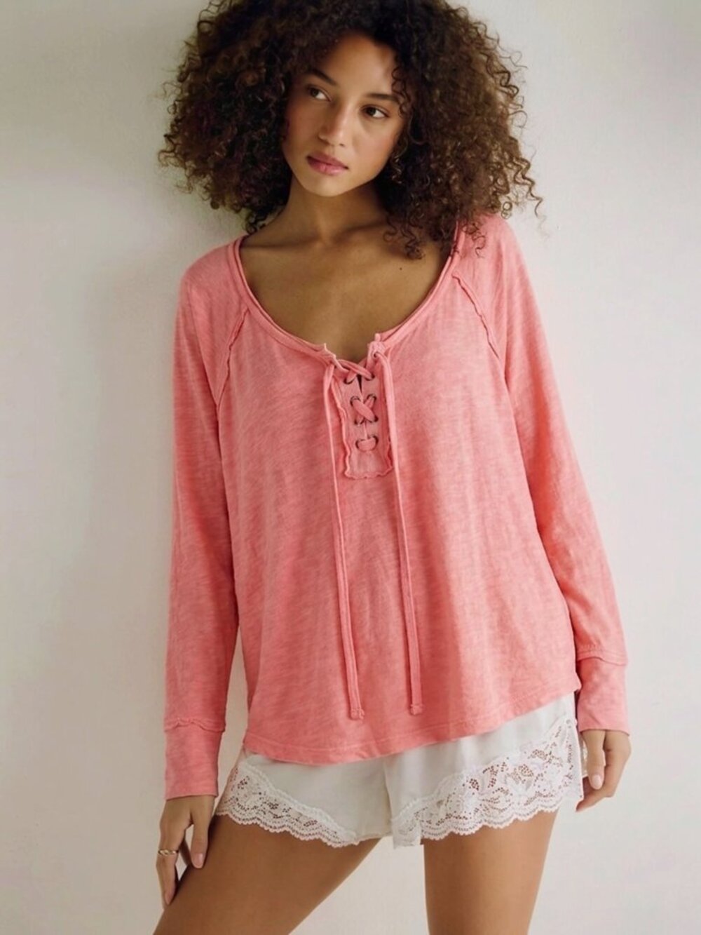 Free People We The Free Lace Up Front Top Sz M Cotton Vibrant Preppy